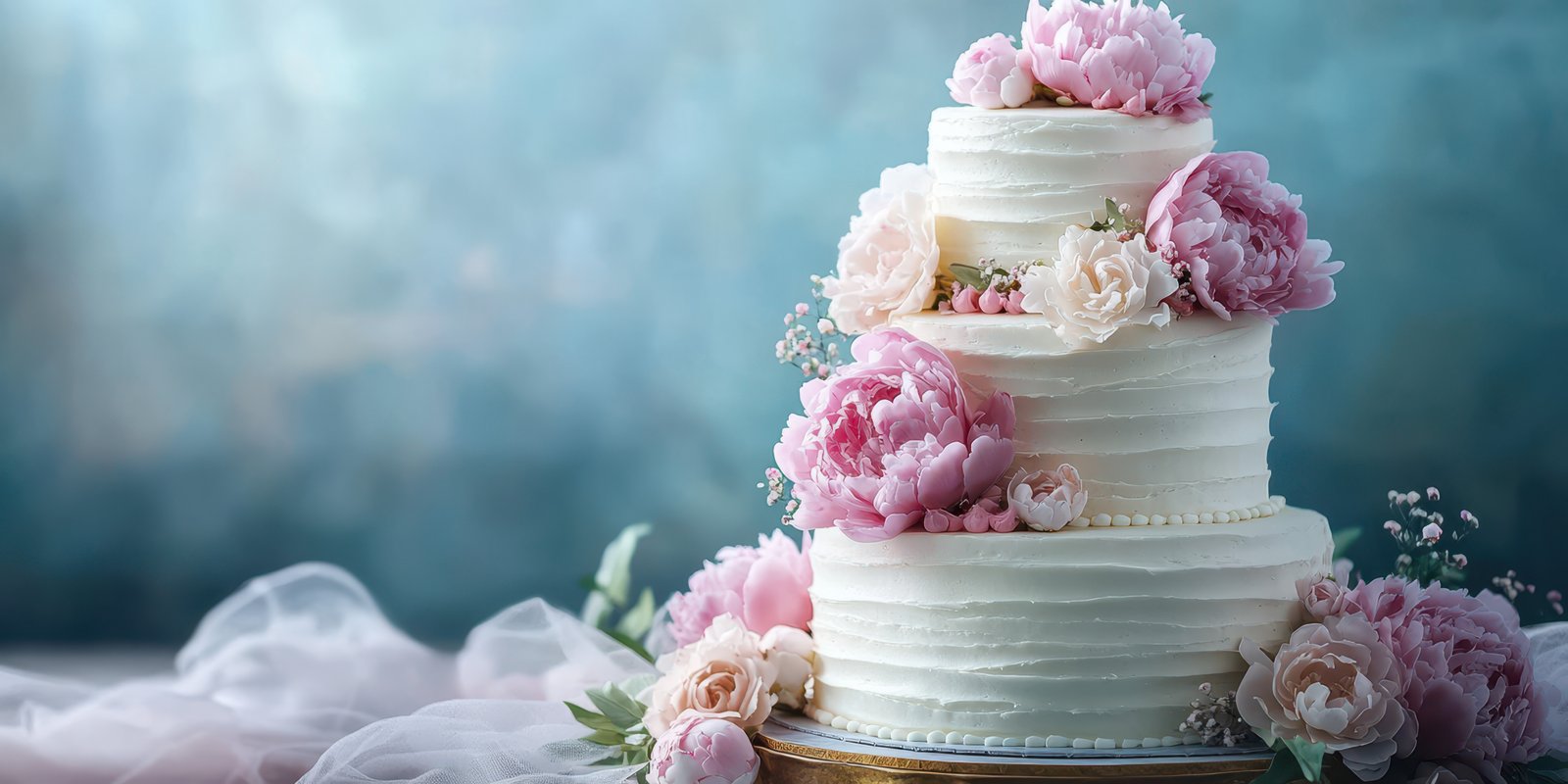 Elegant three-tier wedding cake adorned with fresh flowers in a soft blue background setting